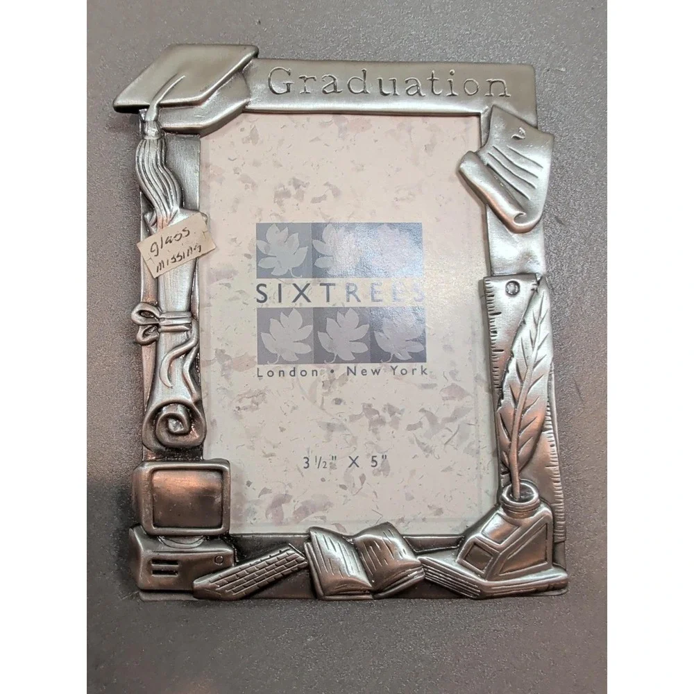 SixTrees Graduation Photo Frame Pewter Finish Metal 3.5x5 AF12835 Academic Motif